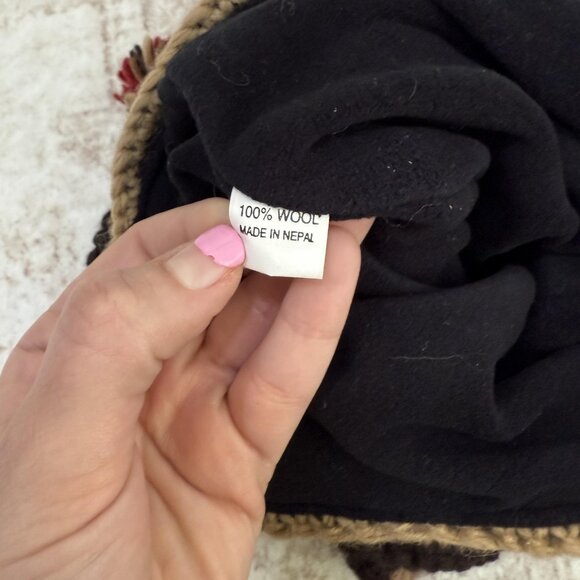 Wool Trapper Hat Knit Geometric Pattern Brown Red Lined Pom Pom Womens One Size - Picture 4 of 5